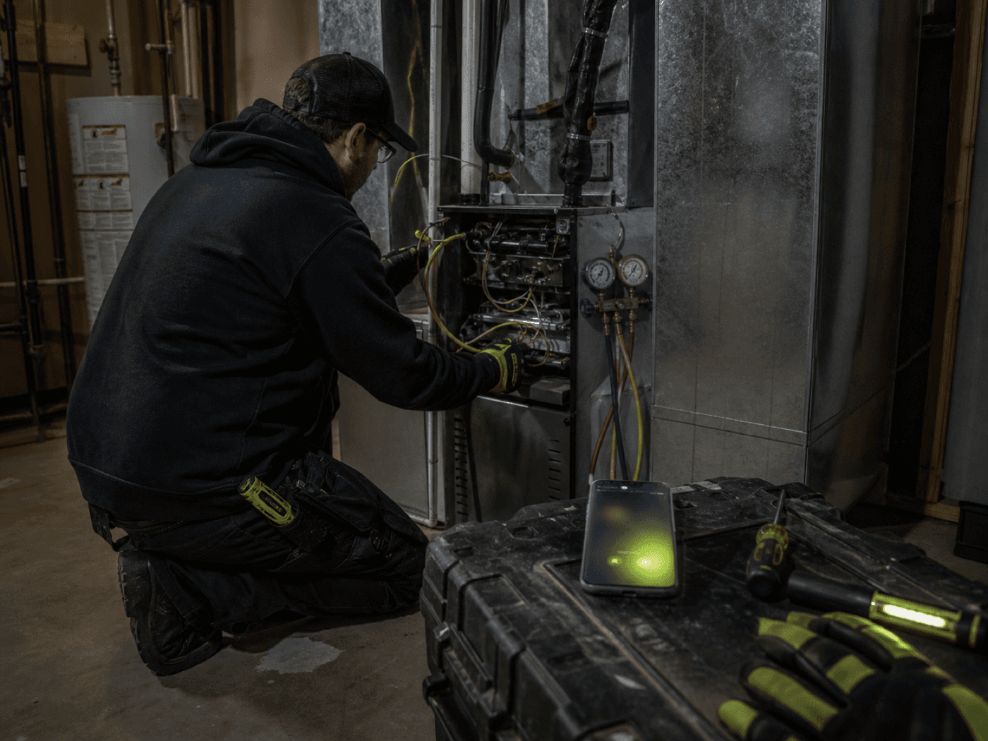 An HVAC technician focused on a furnace service while a nearby phone receives a call